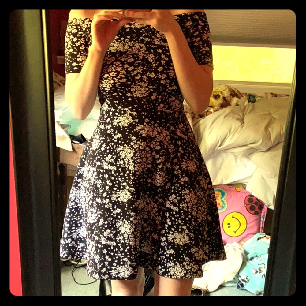 Aqua black and white off the shoulder dress